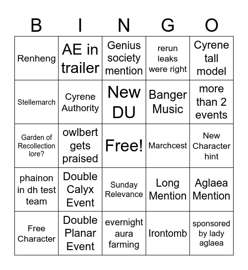 Livestream Bingo Card