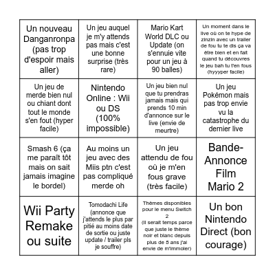 Nintendo Direct 12/09 Bingo Card