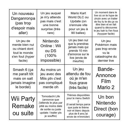 Nintendo Direct 12/09 Bingo Card