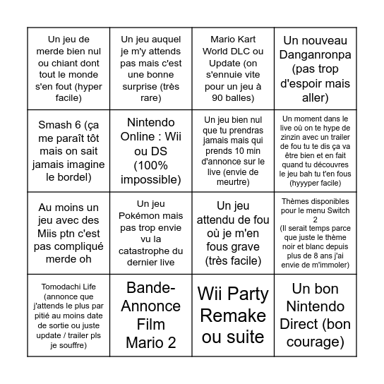 Nintendo Direct 12/09 Bingo Card
