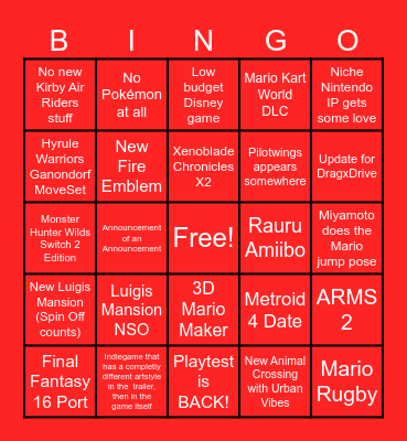 Nintendo Direct 12.09.25 Bingo Card