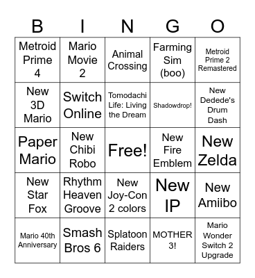 Nintendo Direct 12/09/2025 Bingo Card