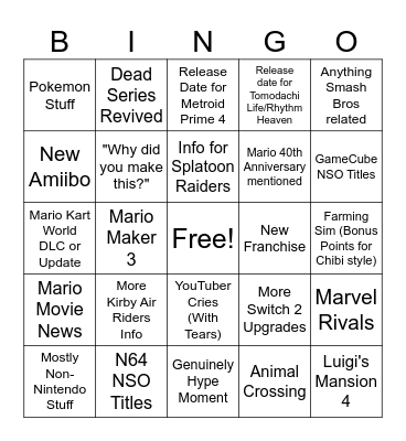 September 2025 Nintendo Direct Bingo Card