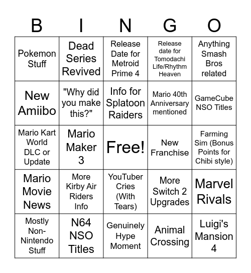 September 2025 Nintendo Direct Bingo Card