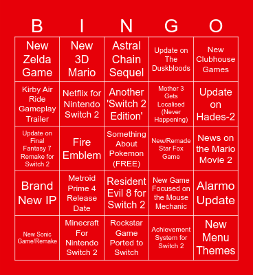 Nintendo Direct Bingo Card
