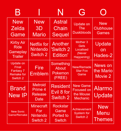 Nintendo Direct Bingo Card