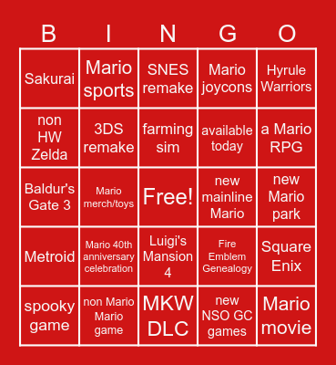 Nintendo Direct September 2025 Bingo Card