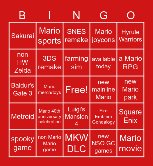 Nintendo Direct September 2025 Bingo Card