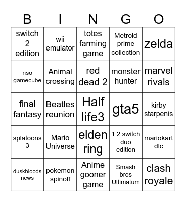 Nintendo Direct Bingo Card