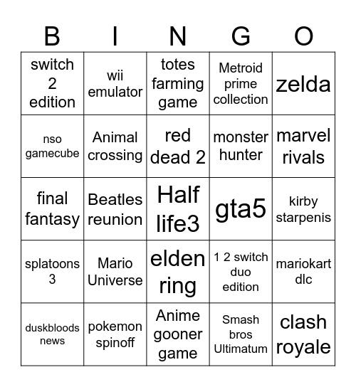 Nintendo Direct Bingo Card