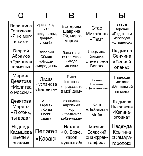Музыкальное Бинго Bingo Card