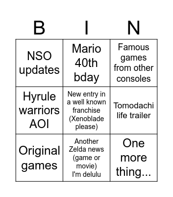 Nintendo direct sept 12th Bingo Card
