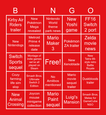 Nintendo Direct - Sept 2025 Bingo Card