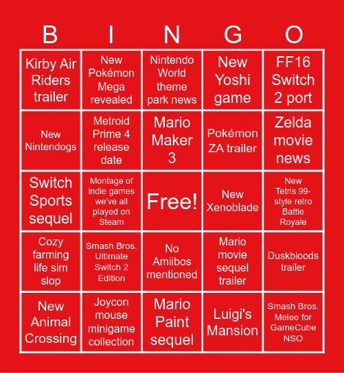 Nintendo Direct - Sept 2025 Bingo Card