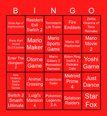 Nintendo Direct 9/12/25 Bingo Card