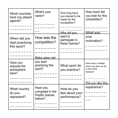 Ask the questions. Write the answers. Bingo Card