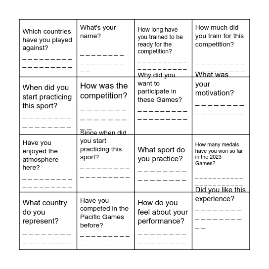 Ask the questions. Write the answers. Bingo Card