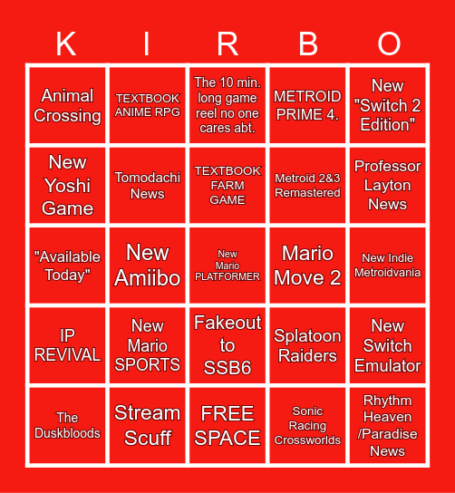 Nintendo Direct 9/12/25 BINGO Card
