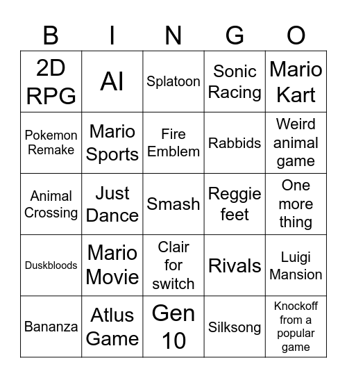 Nintendo Direct (9/12) Bingo Card