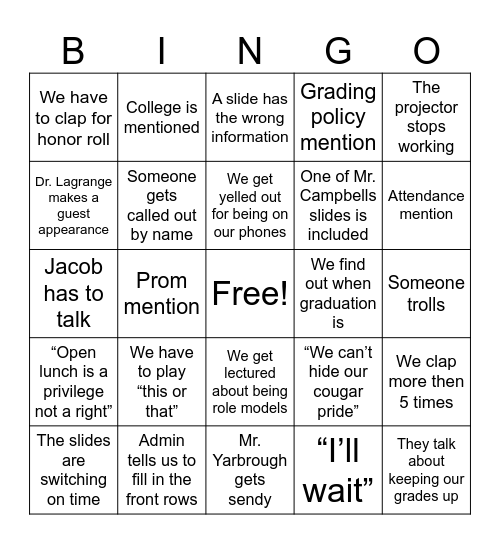 Senior Town Hall Bingo Card