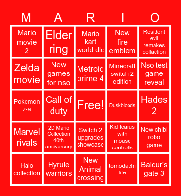 Nintendo Direct 12.09 Bingo Card