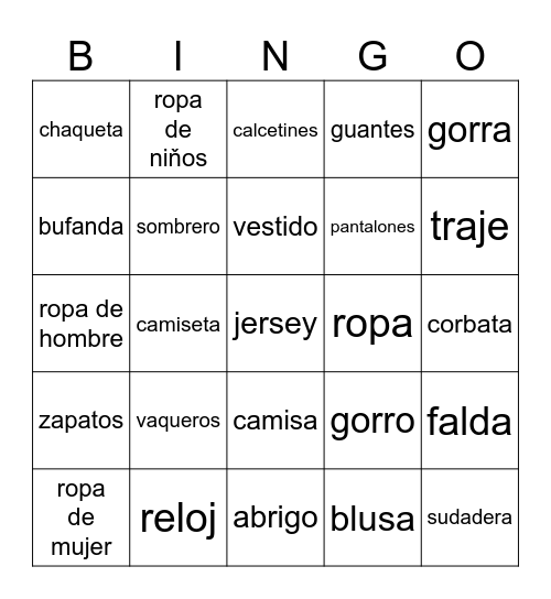Ropa - bingo Card