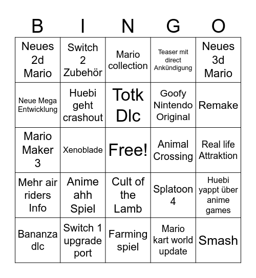 Nintendo Direct Bingo Card