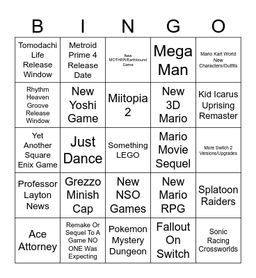 Nintendo Direct Bingo Card