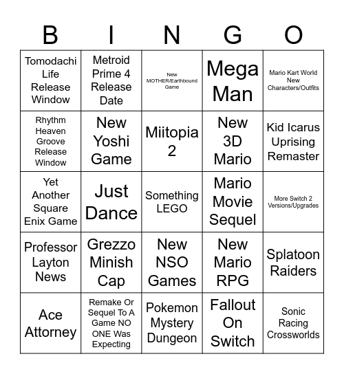 Nintendo Direct Bingo Card