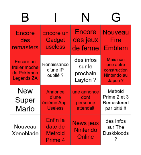 Bingo Nintendo Direct Bingo Card