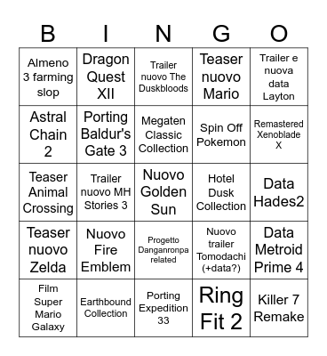 Nintendo Direct 12.09.25 Bingo Card