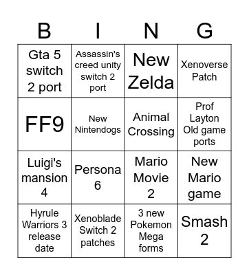 Nintendo Direct 12/9/25 Bingo Card
