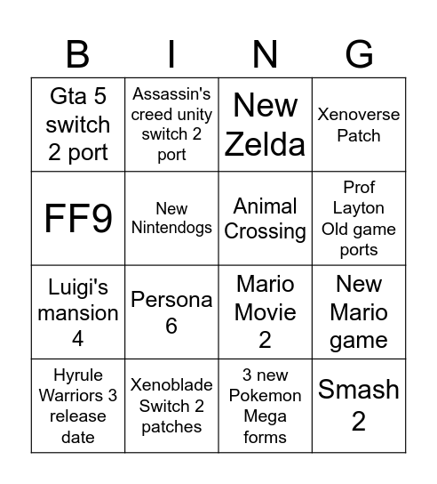 Nintendo Direct 12/9/25 Bingo Card