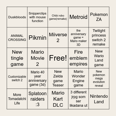 Nintendo Direct 12.09.25 Bingo Card