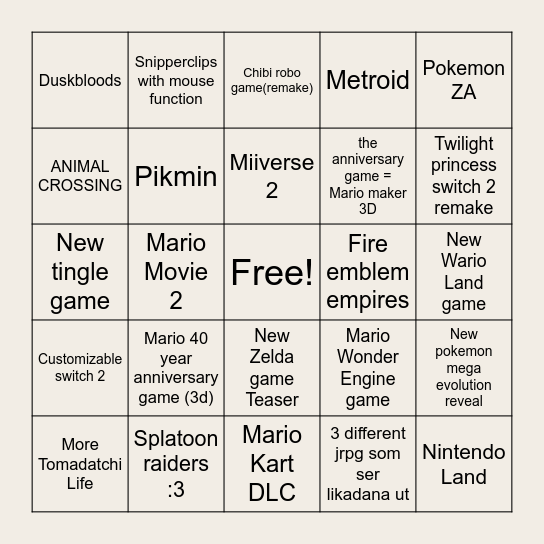 Nintendo Direct 12.09.25 Bingo Card