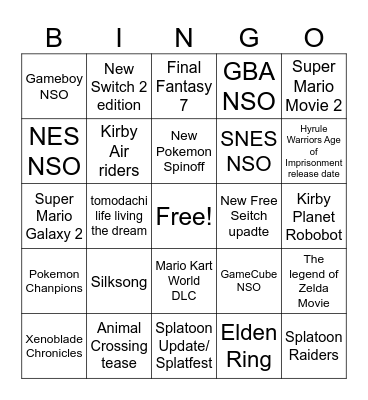 9.12.25 Nintendo Direct Direct Bingo Card