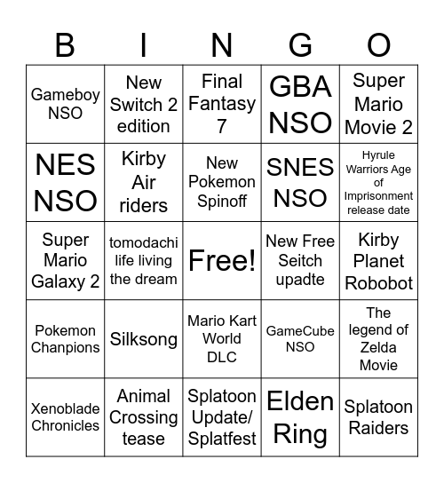 9.12.25 Nintendo Direct Direct Bingo Card