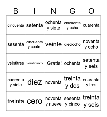 Spanish numbers through 99 Bingo Card