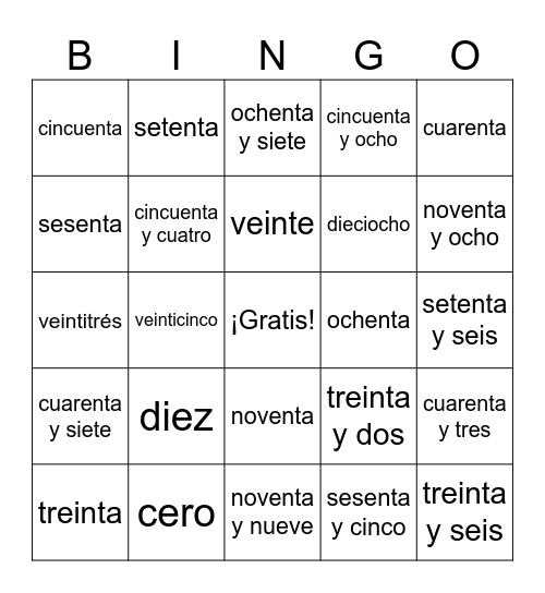 Spanish numbers through 99 Bingo Card