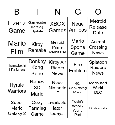 Nintendo Direct 12.09. Bingo Card