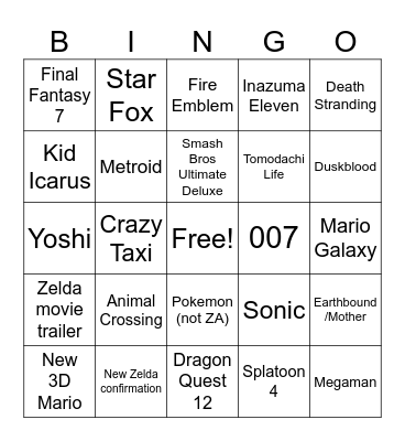 Nintendo Direct 12-09-2025 Bingo Card