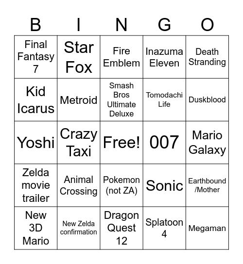 Nintendo Direct 12-09-2025 Bingo Card