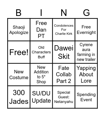 HSR 3.6 Live Stream Bingo Card