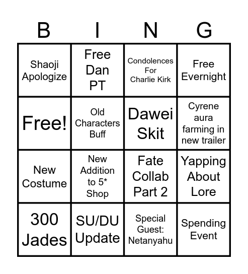 HSR 3.6 Live Stream Bingo Card