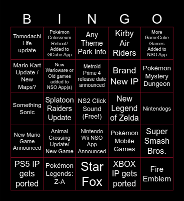 PhantomZimm - Nintendo Direct Bingo Card
