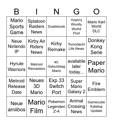 Nintendo Direct Bingo Card