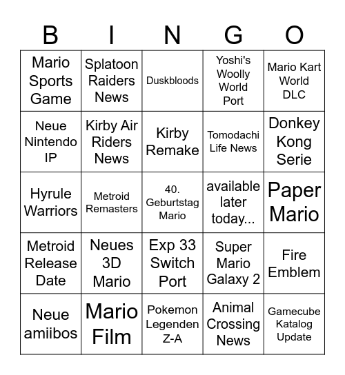 Nintendo Direct Bingo Card