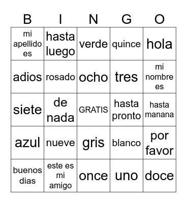colores, numeros y vocabulario Bingo Card