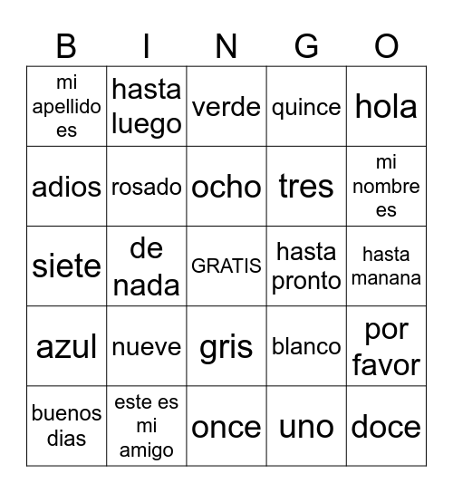 colores, numeros y vocabulario Bingo Card