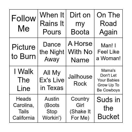 Country Music Bingo Round 1 Bingo Card